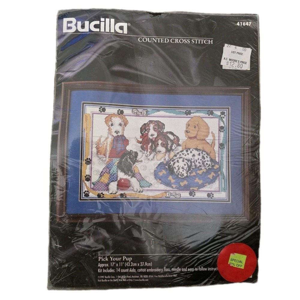 VTG‎ Bucilla Counted Cross Stitch Pick Your Pup Kit 41647 17" X 11" NEW!